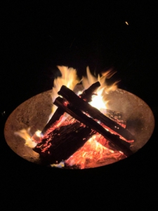 In einer Feuerschale brennt ein Lagerfeuer.